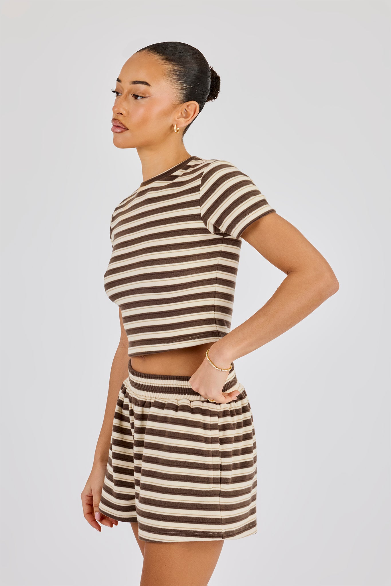 Soft Touch Double Stripe Short Sleeve Top & Short - Beige